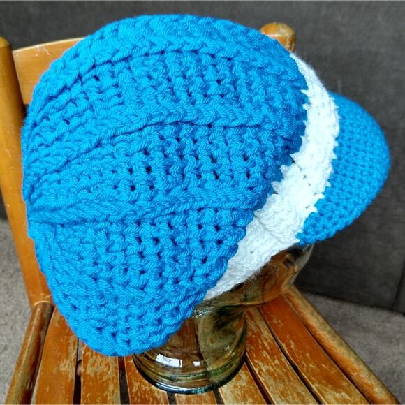 Pool Blue Slouchy with a Brim white band handmade crochet OSFM ready to ship main image 10